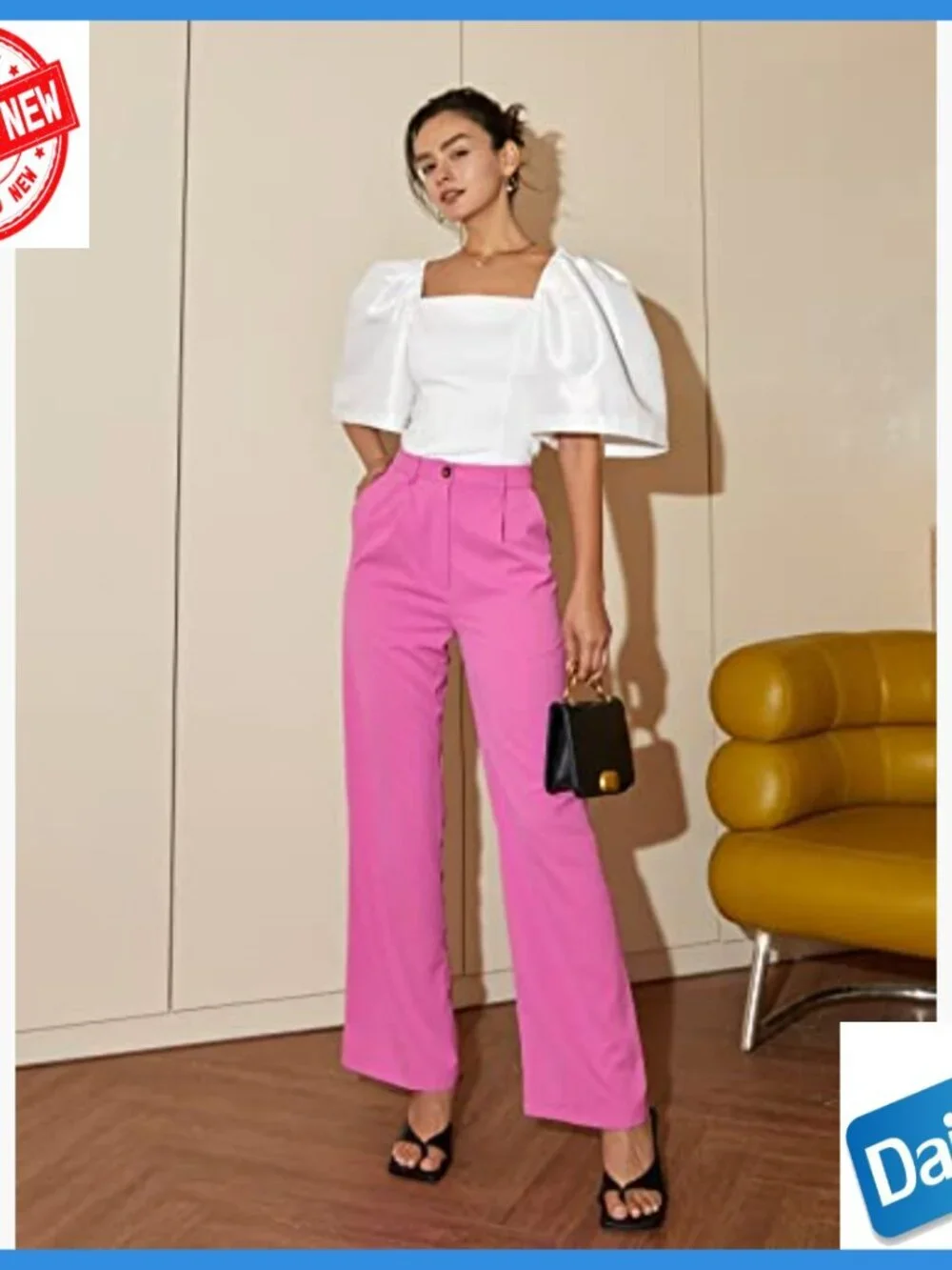 White Square Neck Puff Sleeve Crop Top Blouse Slim Fit Polyester